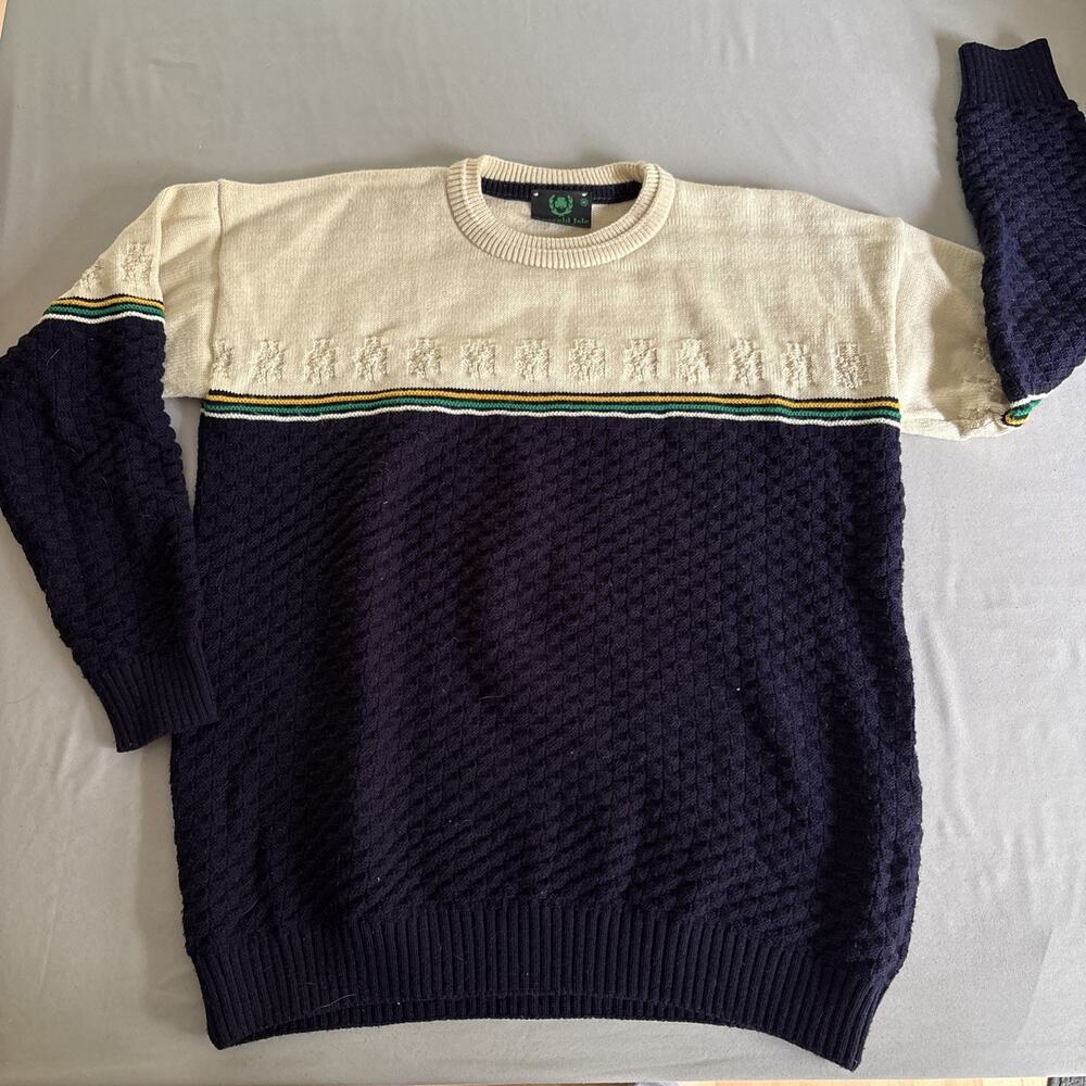 Vintage Emerald Isle Stripe Navy Green Cream Knit Crewneck Sweater Winter Medium
